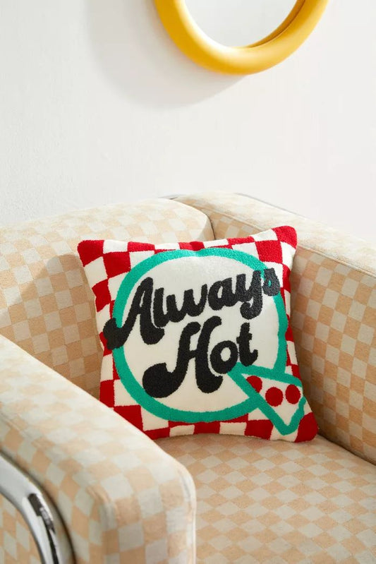 Decorative pillow with 'Always Hot' text on a beige sofa Always hot text tufted cotton cushion cover with checkerboard design