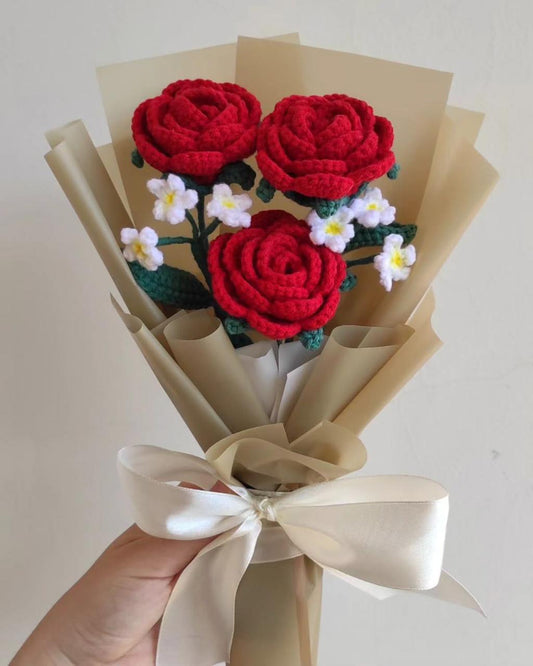 Handmade red rose crochet bouquet arranged like a flower bouquet