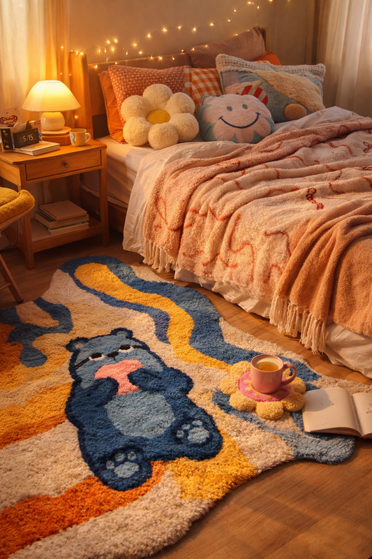 Gen Z cozy bedroom with tufted rug, throws and quirky home decor by Cozy Bear