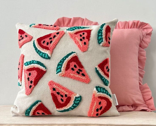 Watermelon slice tufted cotton cushion cover with repeating fruit pattern