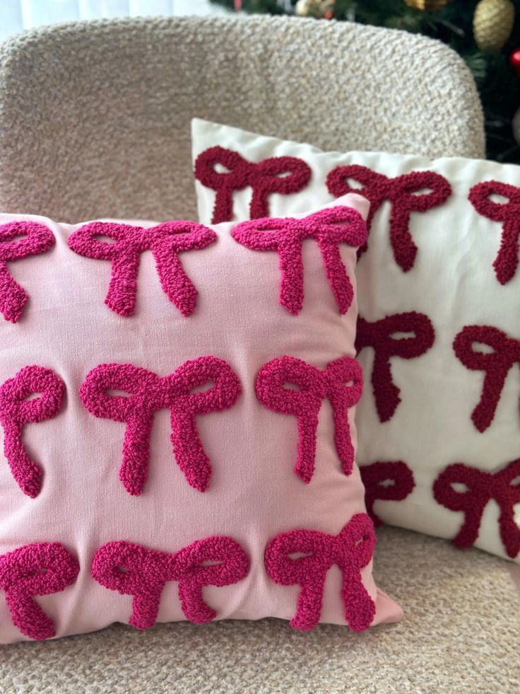 Coquette bow tufted cotton cushion cover with textured bow pattern