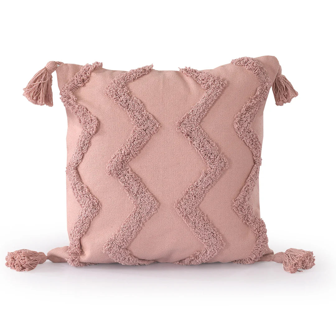 ⁠⁠Pink Chevron Tufted Cushion Cover with Tassels