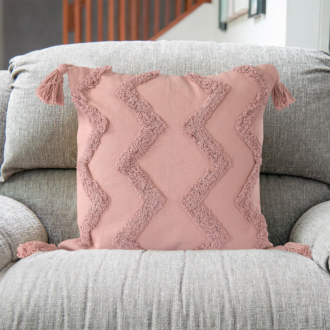 ⁠⁠Pink Chevron Tufted Cushion Cover with Tassels