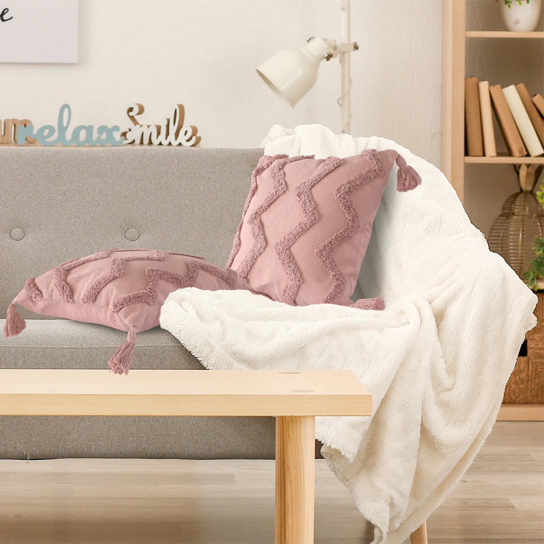 ⁠⁠Pink Chevron Tufted Cushion Cover with Tassels