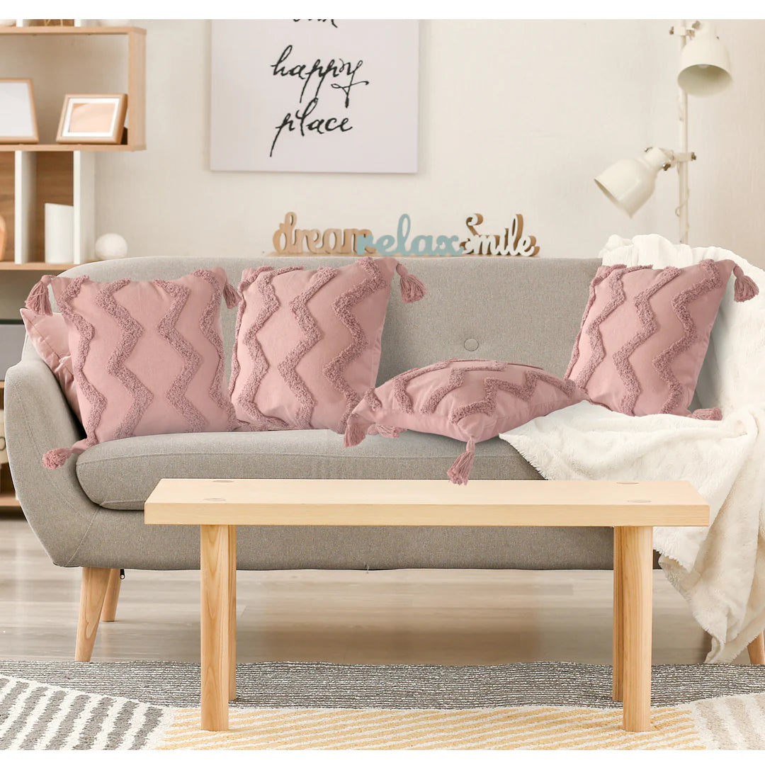 ⁠⁠Pink Chevron Tufted Cushion Cover with Tassels