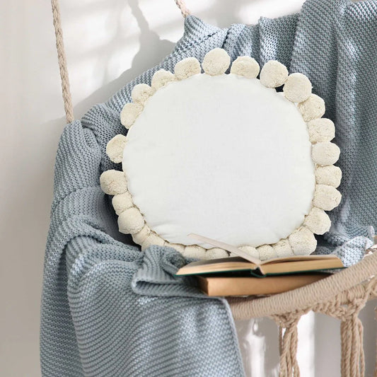 Pom Pom Round Cushion – Cloud White